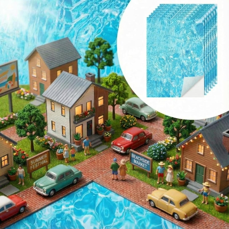 Fuyoooo 10 Pcs 11.81'' x 8.27'' Village Ocean Display Mat Diorama Water Wave Sticker Fake Scene Landscape Decor Artificial Water Ripple for DIY Miniature Base Scenery Model Accessories - Image 5